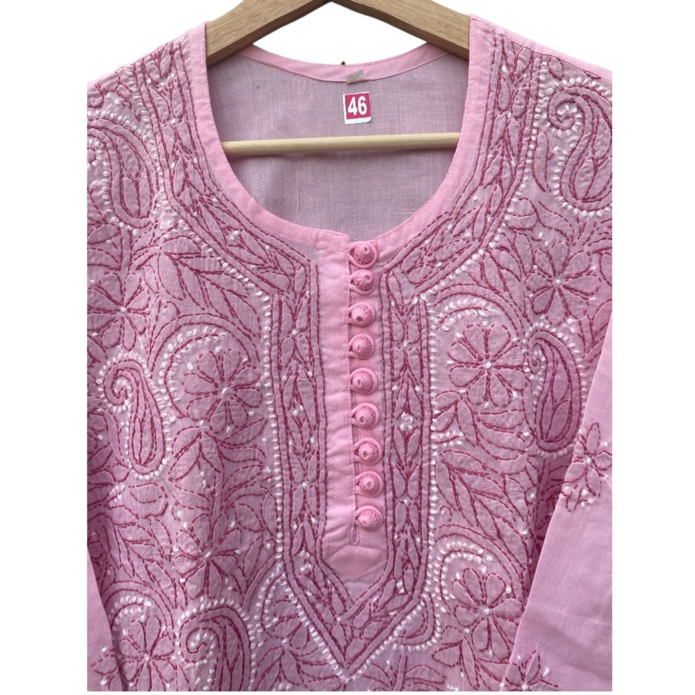 Chikankari Hand-Embroidered Straight Pink Kurti Tunic size 42, US L. NEW - Picture 5 of 16